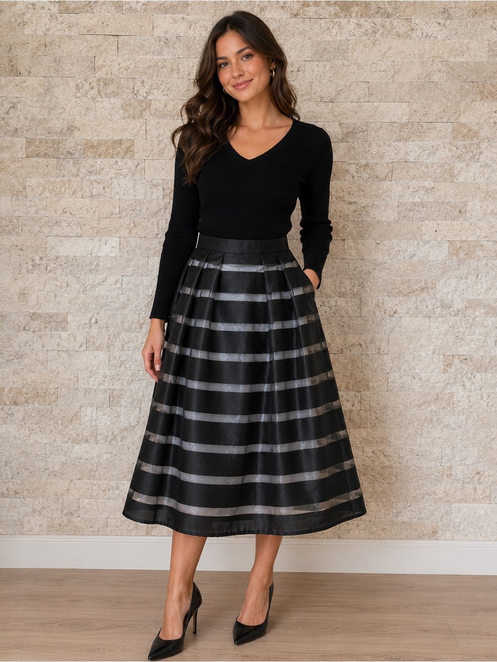 Black Striped A-Line‎ Skirt - Black size 10